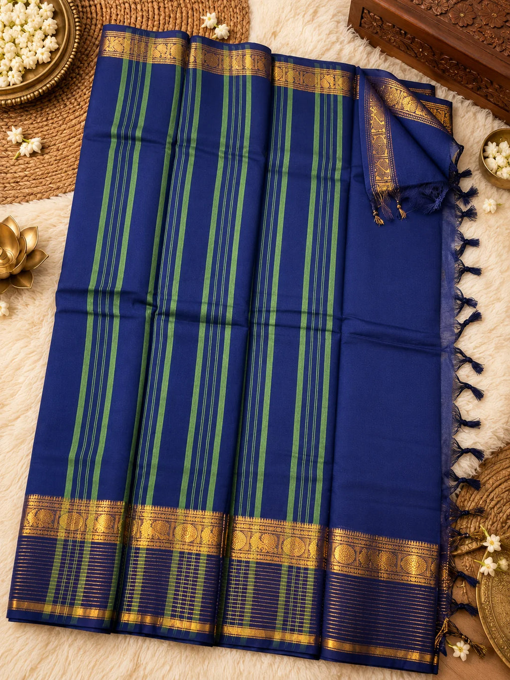 Navy Blue 120 Count Cotton Saree with Rich Gold Zari Border