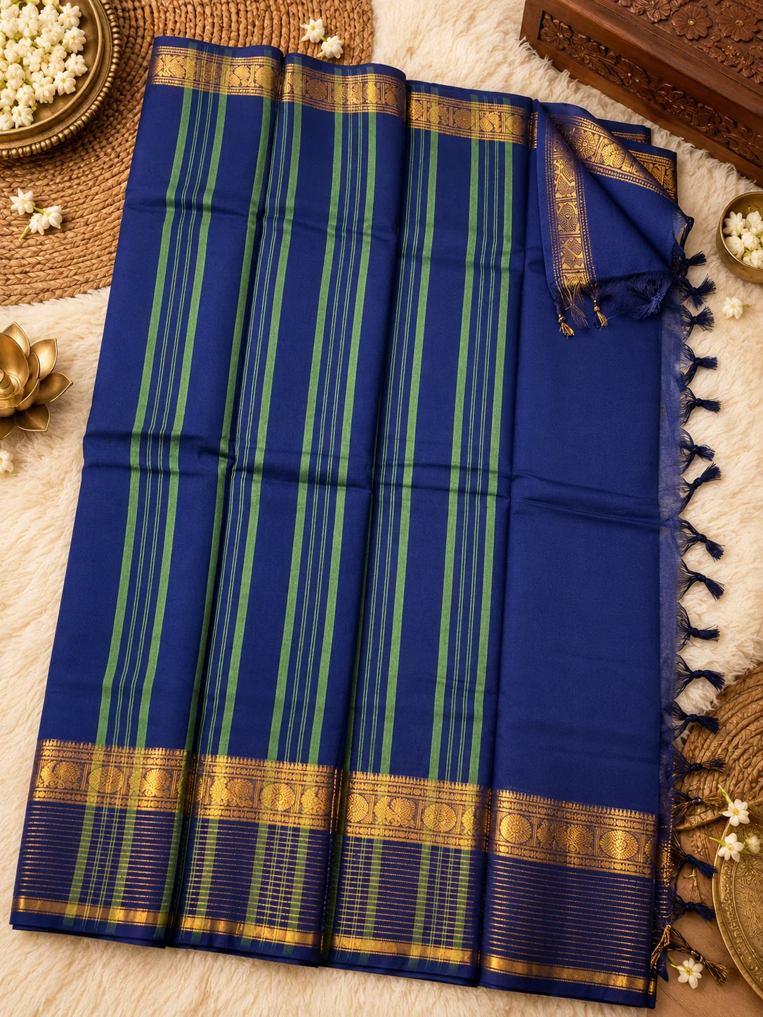 Navy Blue 120 Count Cotton Saree with Rich Gold Zari Border