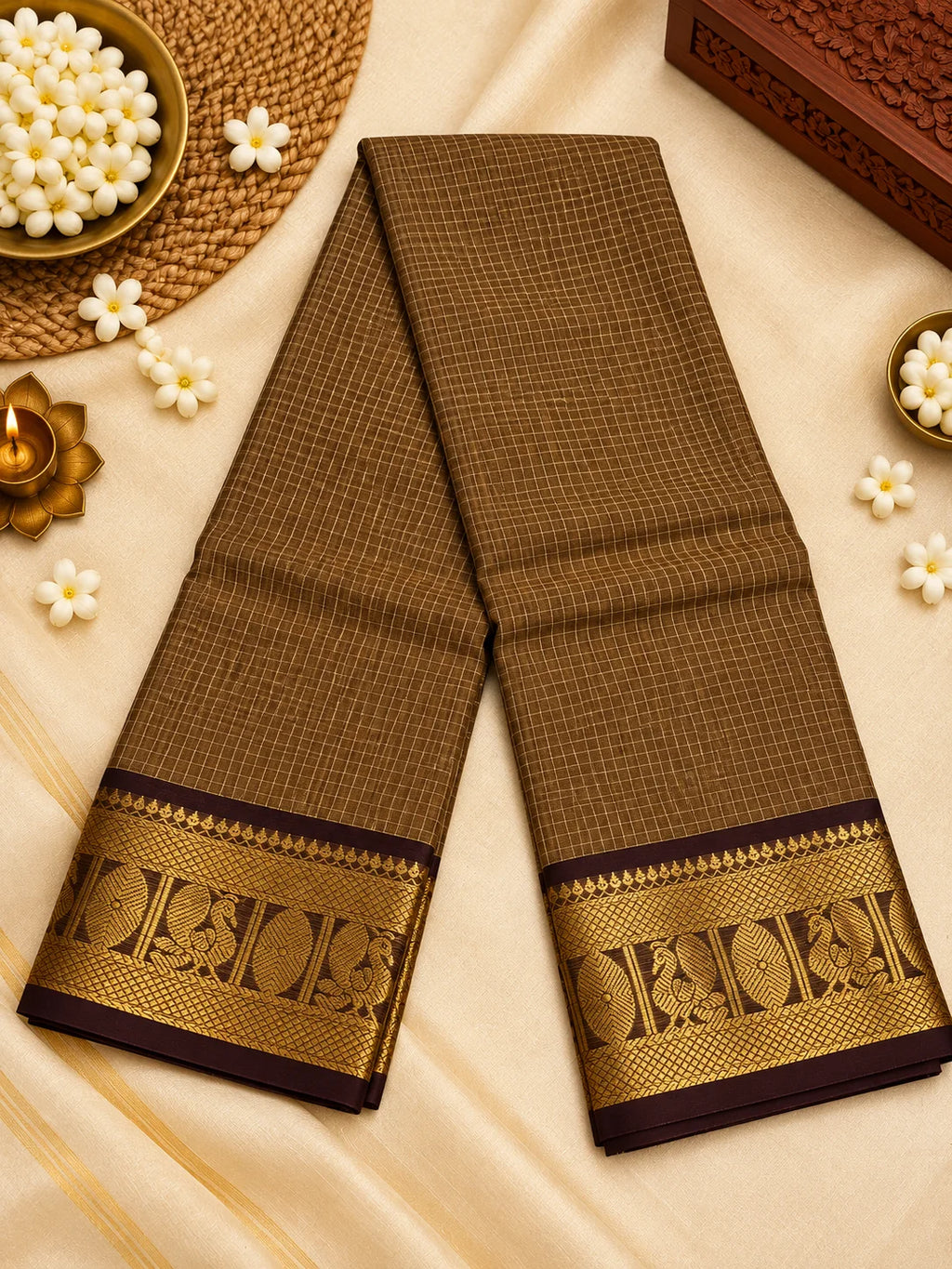 Chocolate Brown Checked Cotton Saree with Gold Zari Border