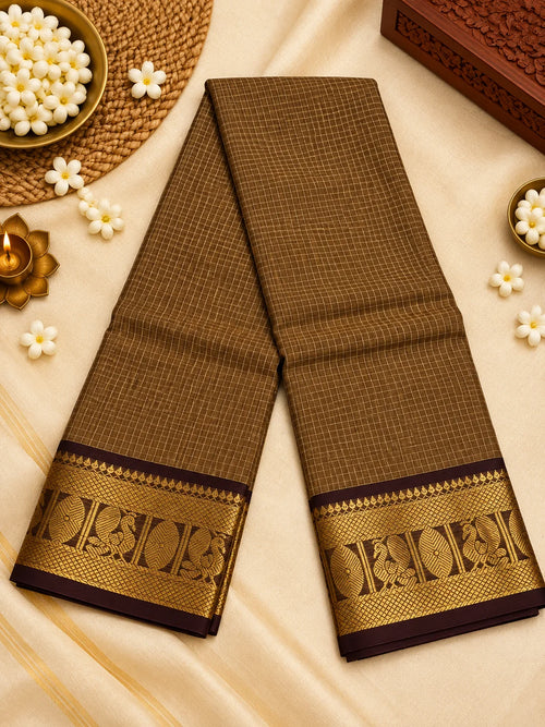 Chocolate Brown Checked Cotton Saree with Gold Zari Border