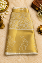 Ivory & Antique Gold Silk Saree with Floral Zari Weave