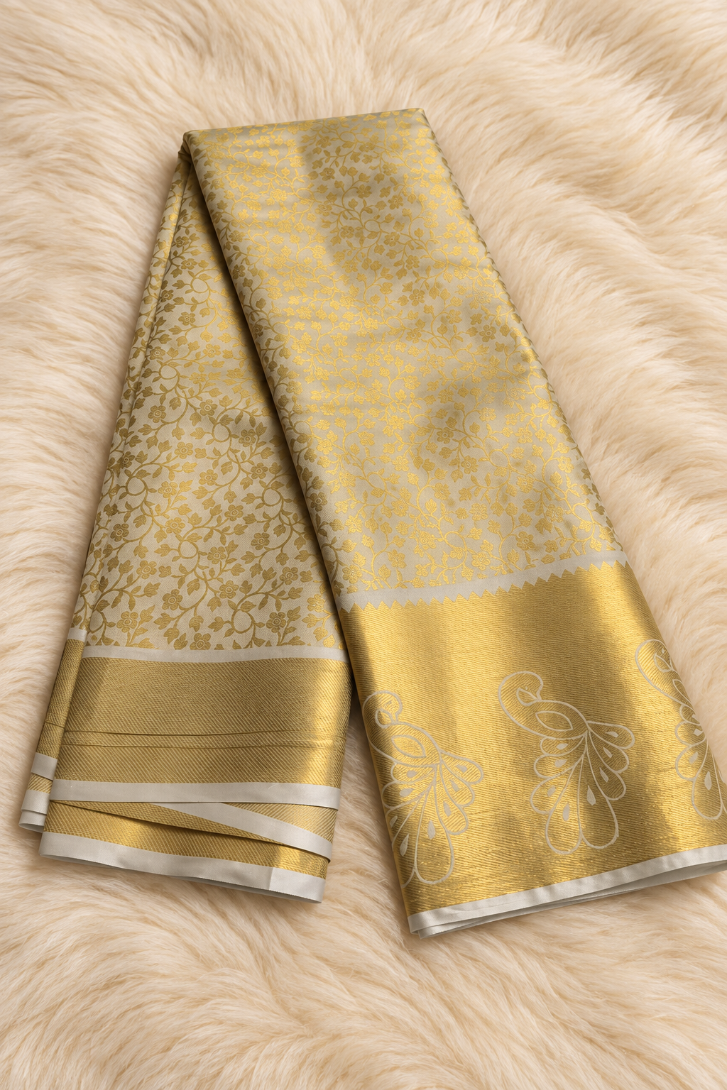 Ivory & Antique Gold Silk Saree with Floral Zari Weave