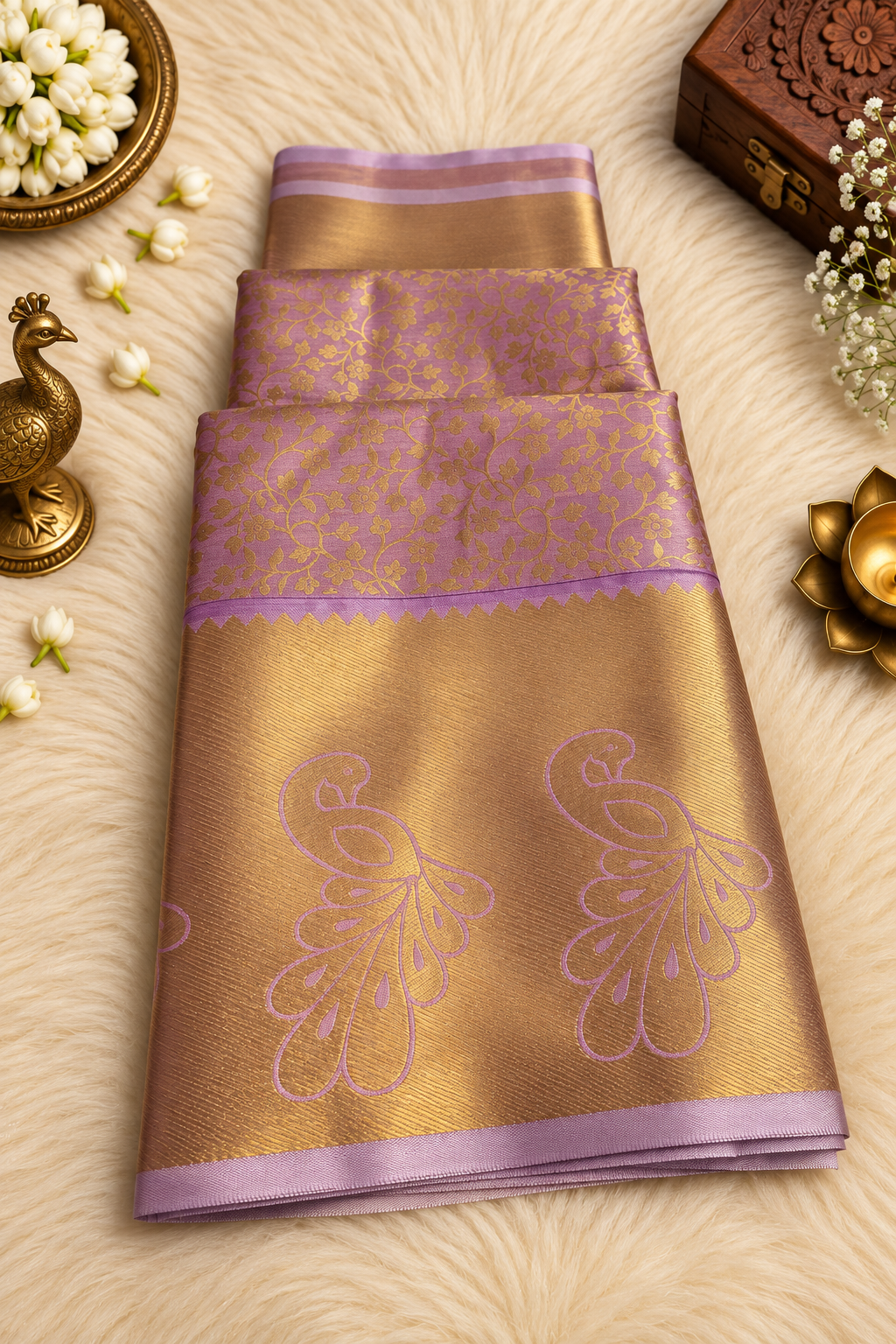 Lavender & Antique Gold Silk Saree with Floral Zari Weave