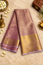 Lavender & Antique Gold Silk Saree with Floral Zari Weave