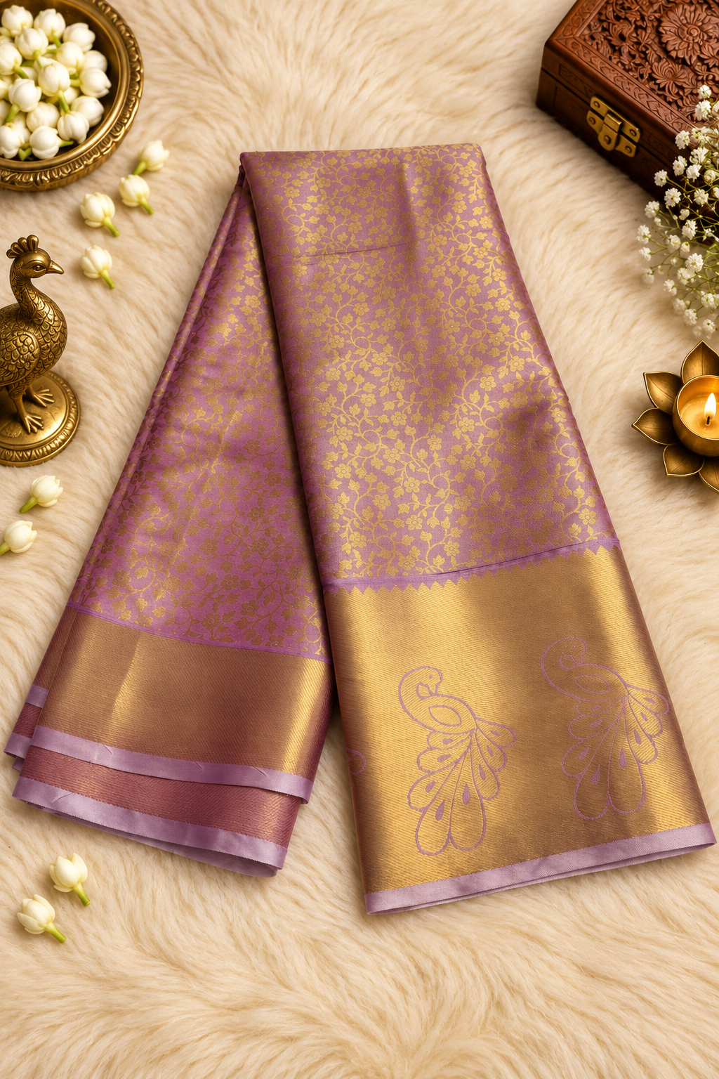 Lavender & Antique Gold Silk Saree with Floral Zari Weave