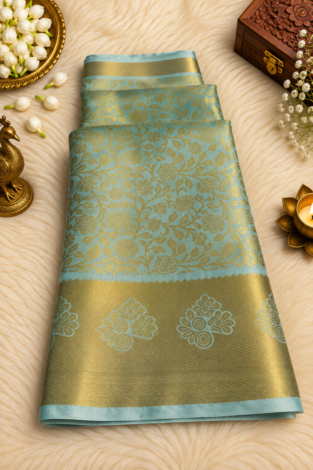 Sky Blue & Gold Silk Saree with Floral Zari Weave