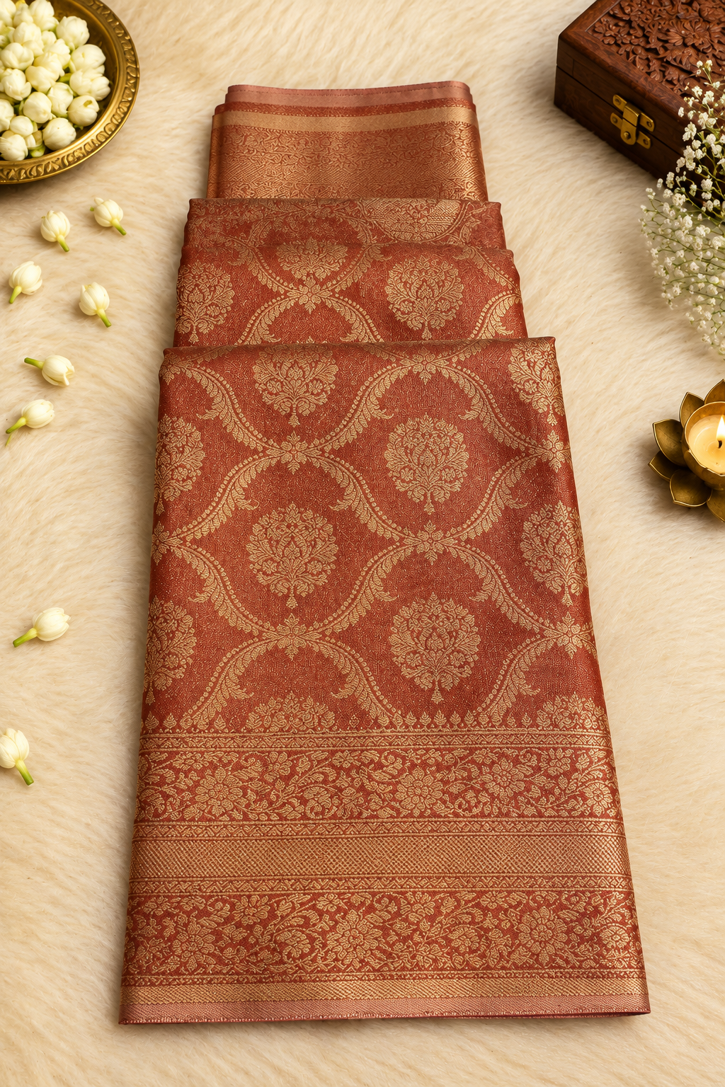 Rose Gold Pink Silk Saree with Floral Zari Jacquard Design