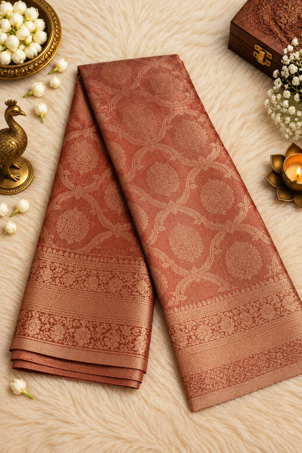 Rose Gold Pink Silk Saree with Floral Zari Jacquard Design