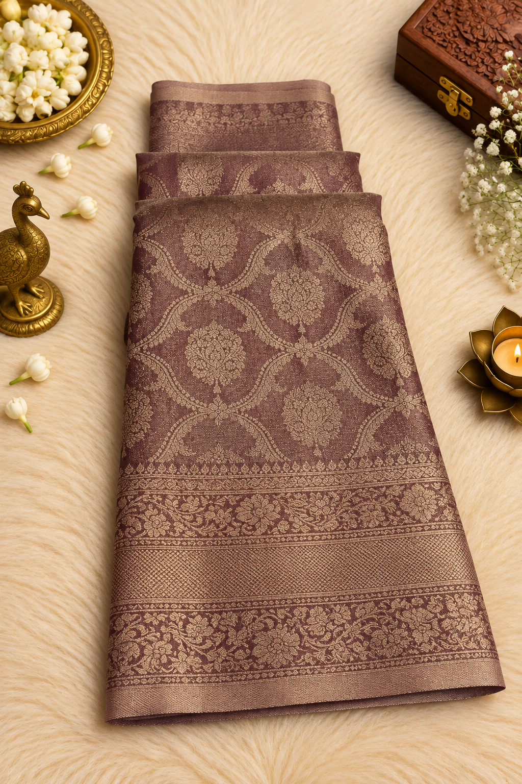 Wine Purple Silk Saree with Floral Zari Jacquard Design