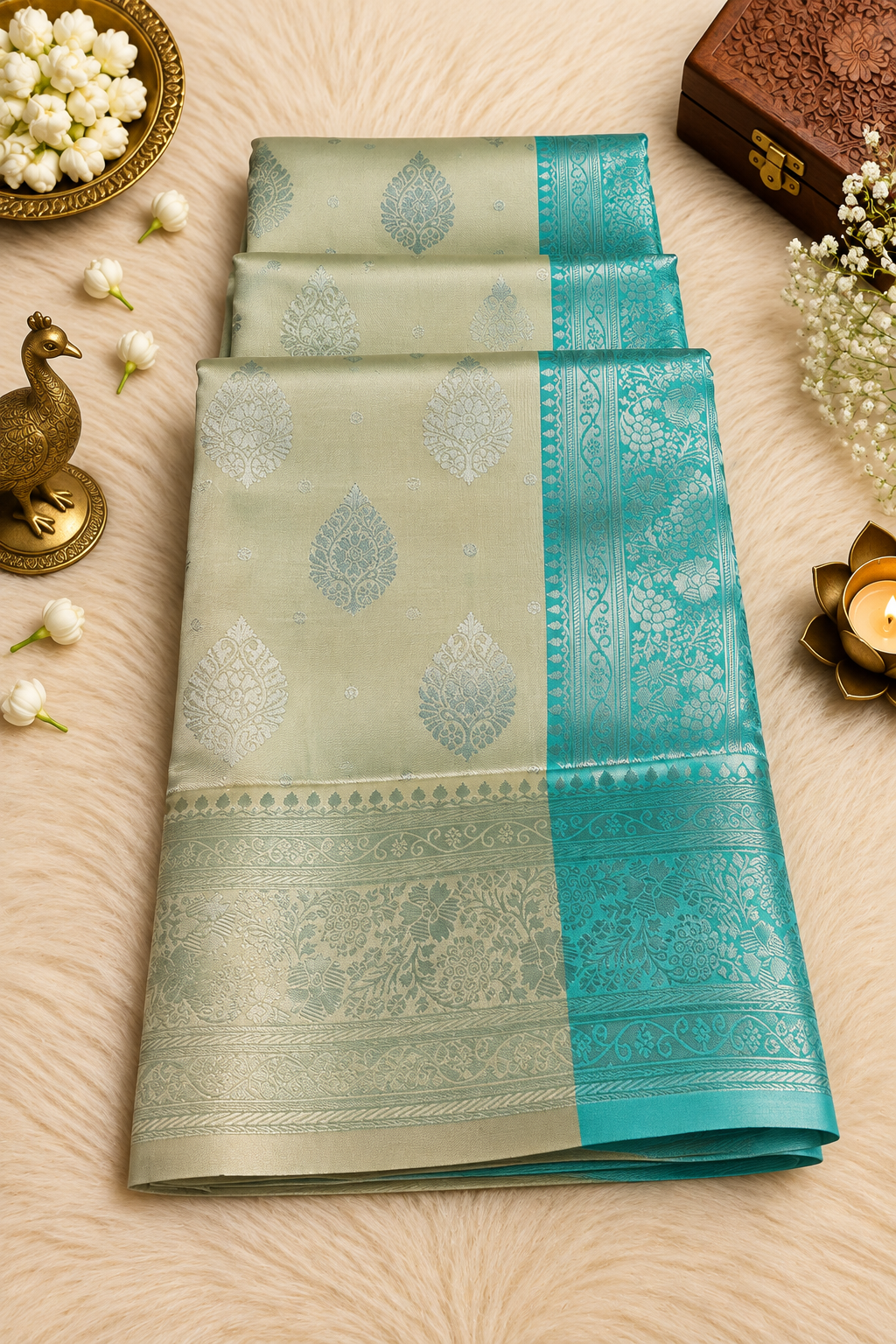 Ivory Silver Silk Saree with Aqua Blue Zari Border