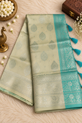 Ivory Silver Silk Saree with Aqua Blue Zari Border