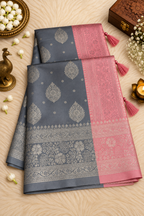 Silver Grey Silk Saree with Silver Floral Motifs & Pink Zari Border