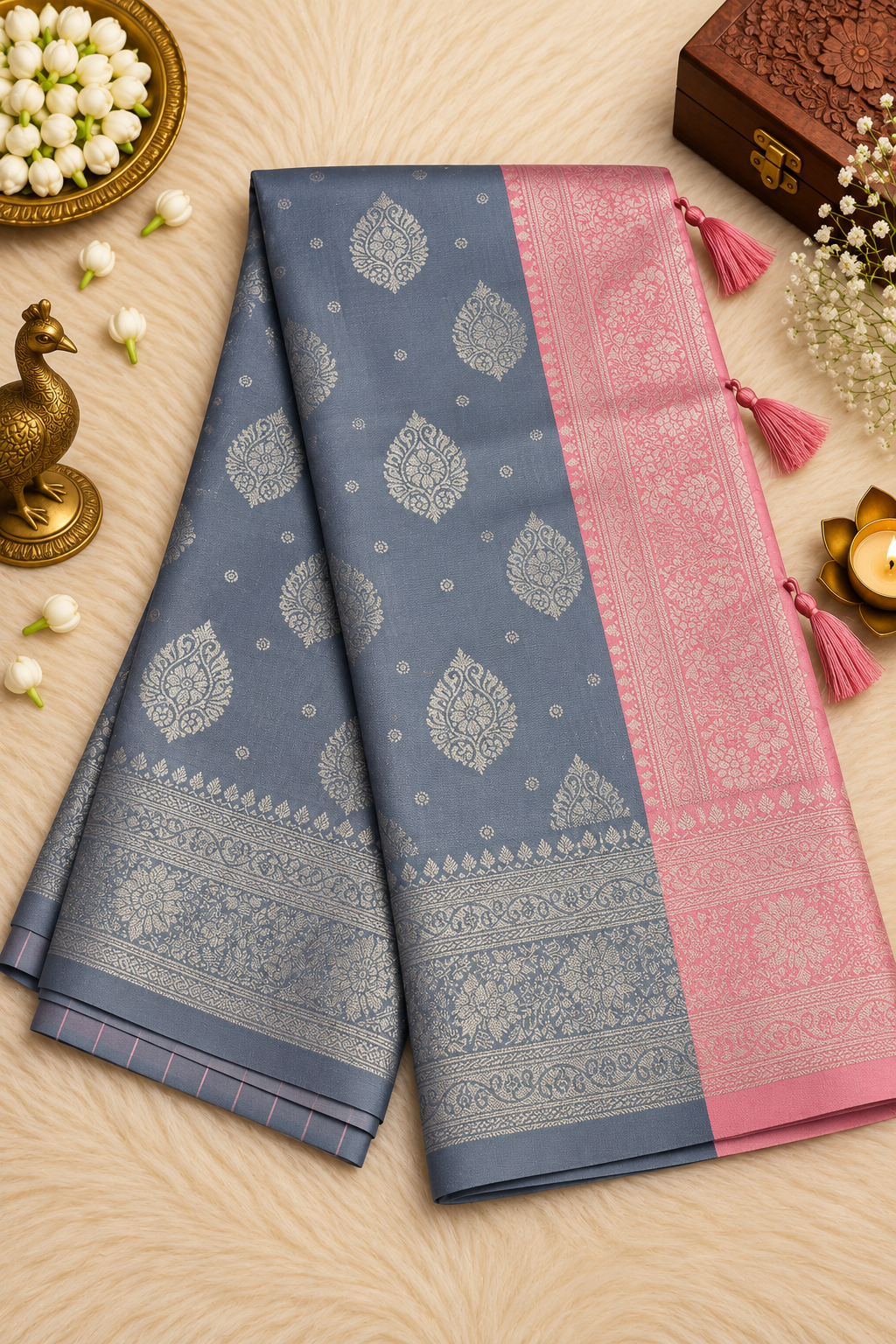 Silver Grey Silk Saree with Silver Floral Motifs & Pink Zari Border