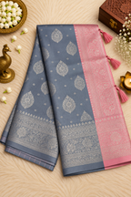 Silver Grey Silk Saree with Silver Floral Motifs & Pink Zari Border