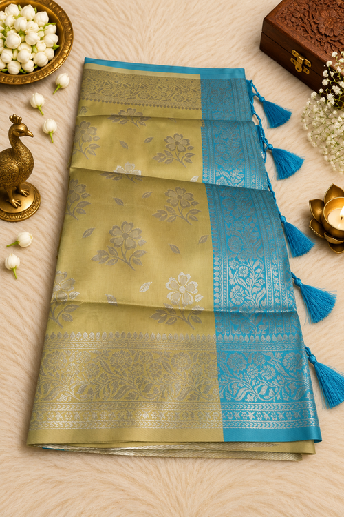 Beige Silk Saree with Sky Blue Floral Zari Border