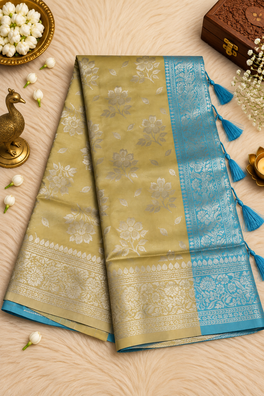 Beige Silk Saree with Sky Blue Floral Zari Border