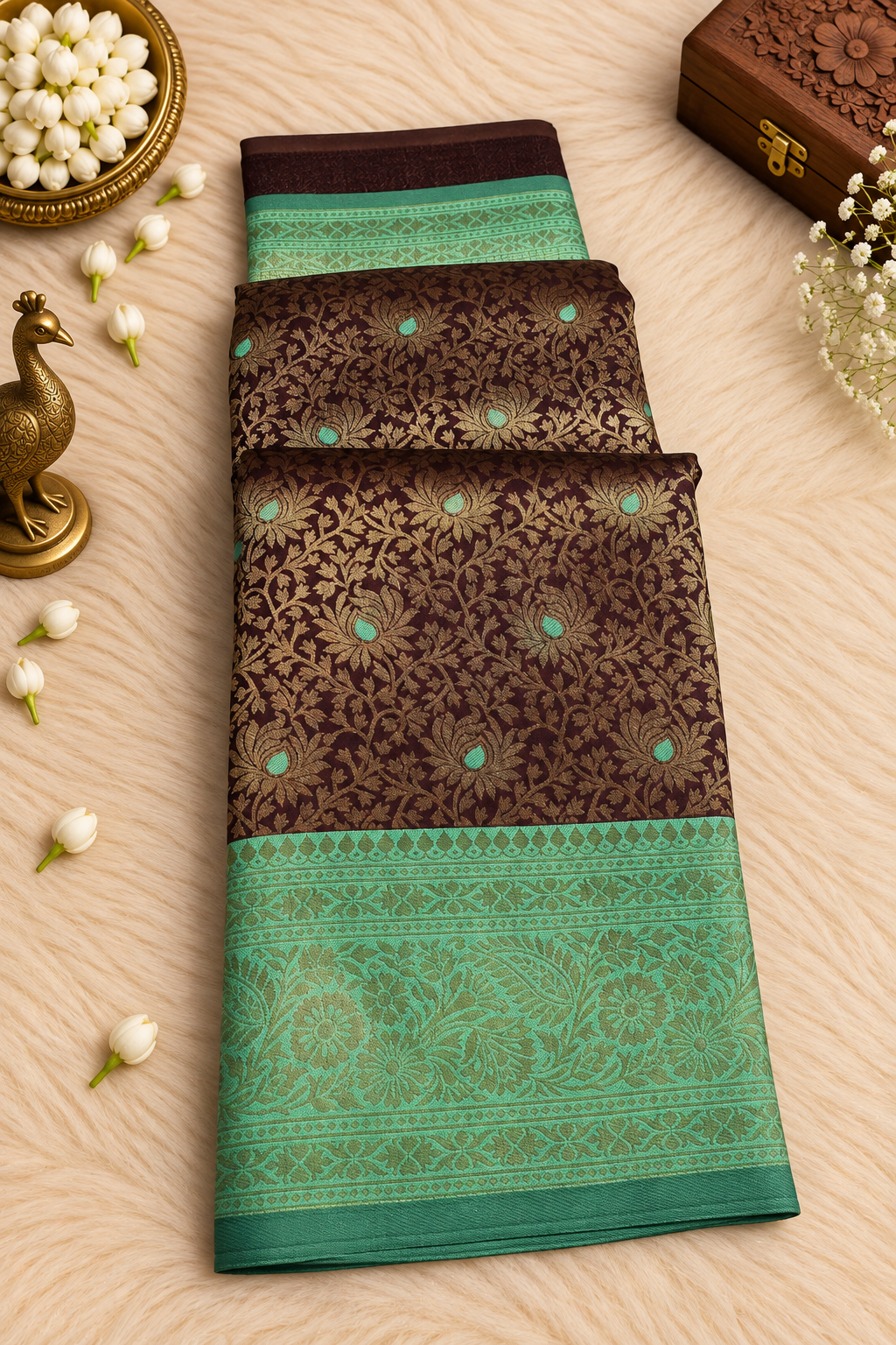 Wine Maroon Silk Saree with Antique Gold Zari & Turquoise Accents