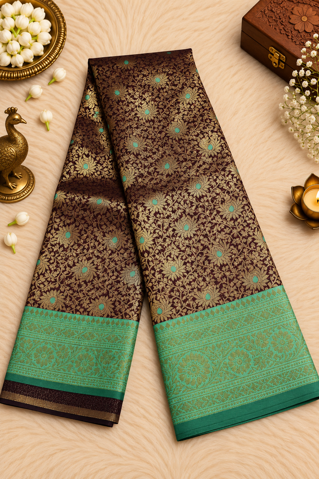 Wine Maroon Silk Saree with Antique Gold Zari & Turquoise Accents