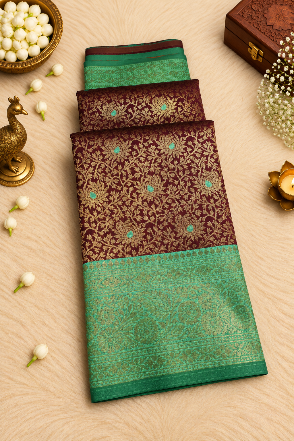 Deep Purple Silk Saree with Antique Gold Zari & Turquoise Accents