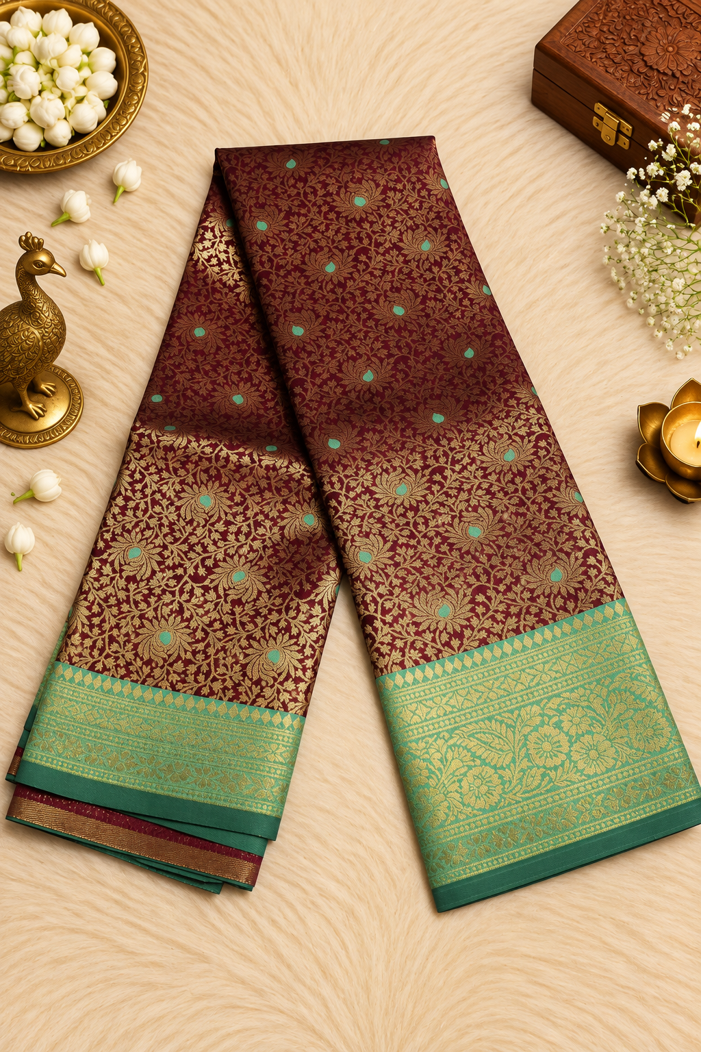 Deep Purple Silk Saree with Antique Gold Zari & Turquoise Accents