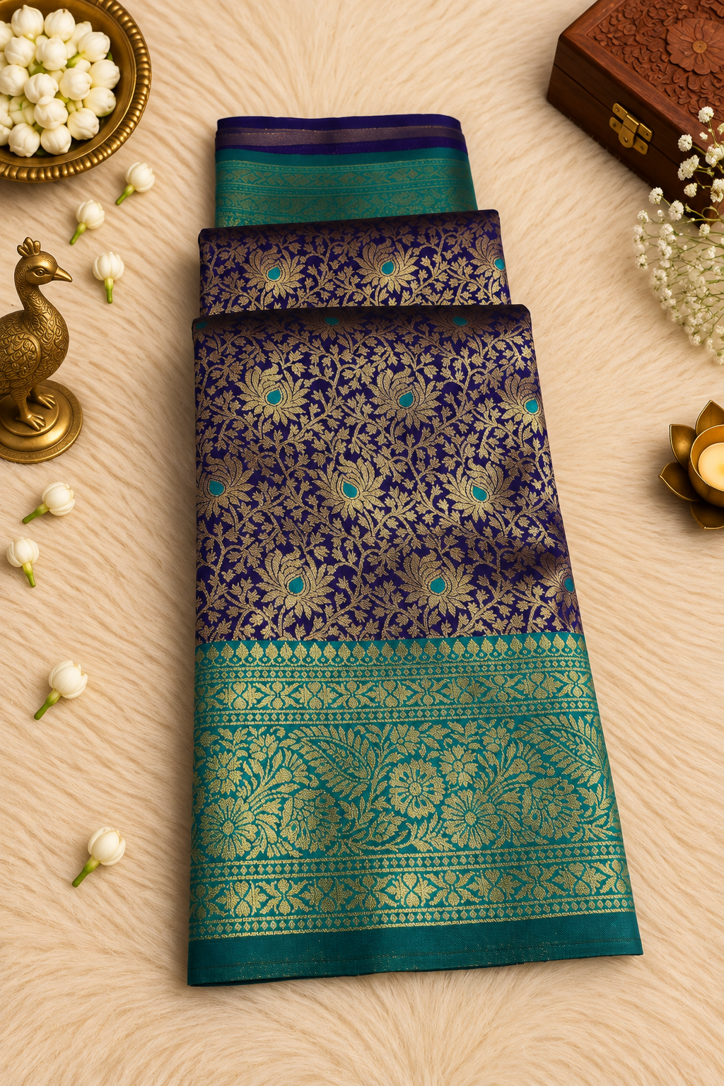 Royal Blue Silk Saree with Antique Gold Zari Floral & Peacock Weave