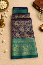 Royal Blue Silk Saree with Antique Gold Zari Floral & Peacock Weave