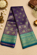 Royal Blue Silk Saree with Antique Gold Zari Floral & Peacock Weave