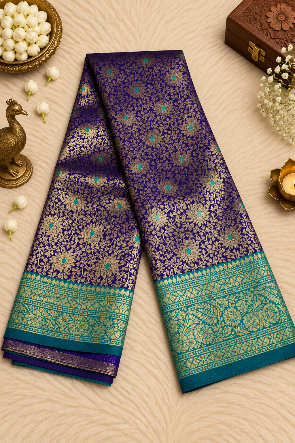 Royal Blue Silk Saree with Antique Gold Zari Floral & Peacock Weave