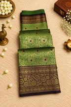 Parrot Green Silk Saree with Antique Gold Zari & Purple Accents