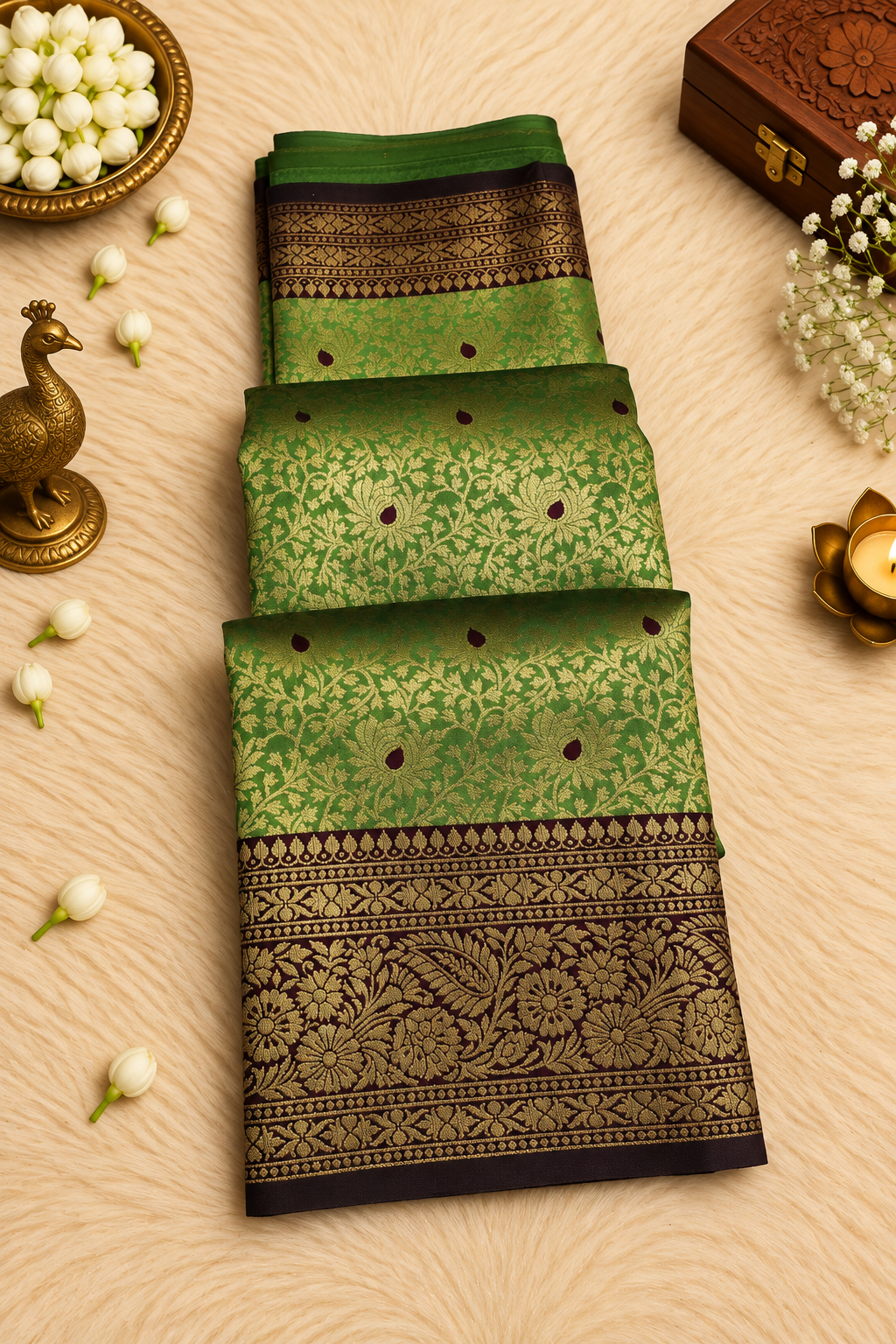 Parrot Green Silk Saree with Antique Gold Zari & Purple Accents