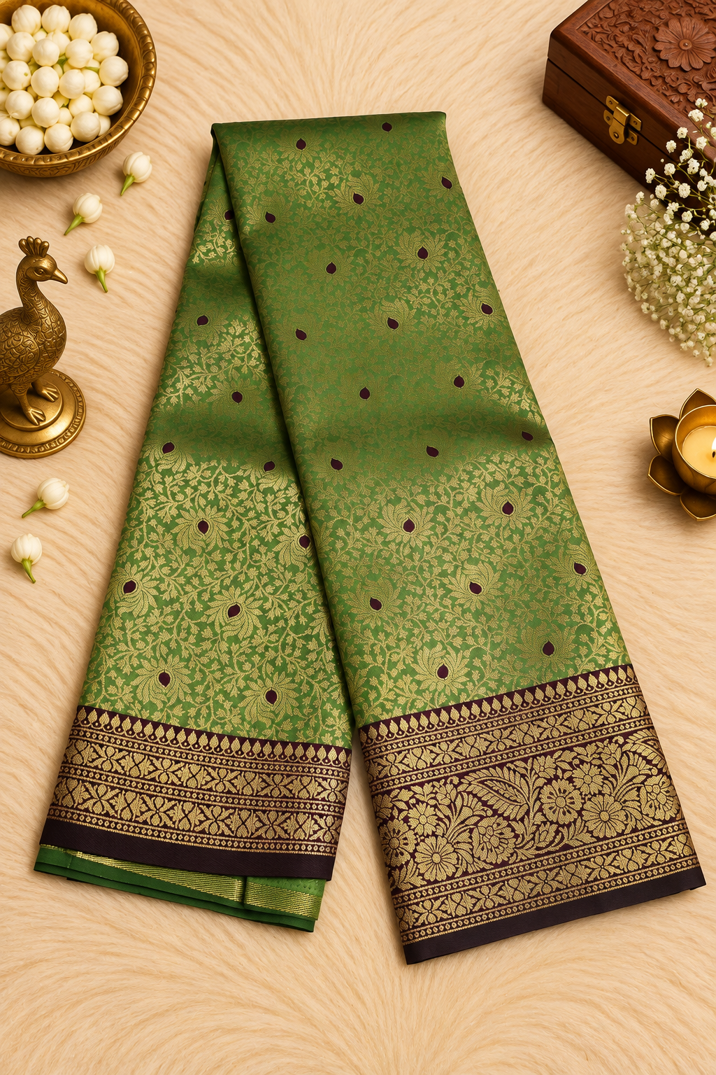 Parrot Green Silk Saree with Antique Gold Zari & Purple Accents
