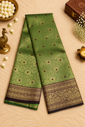 Parrot Green Silk Saree with Antique Gold Zari & Purple Accents