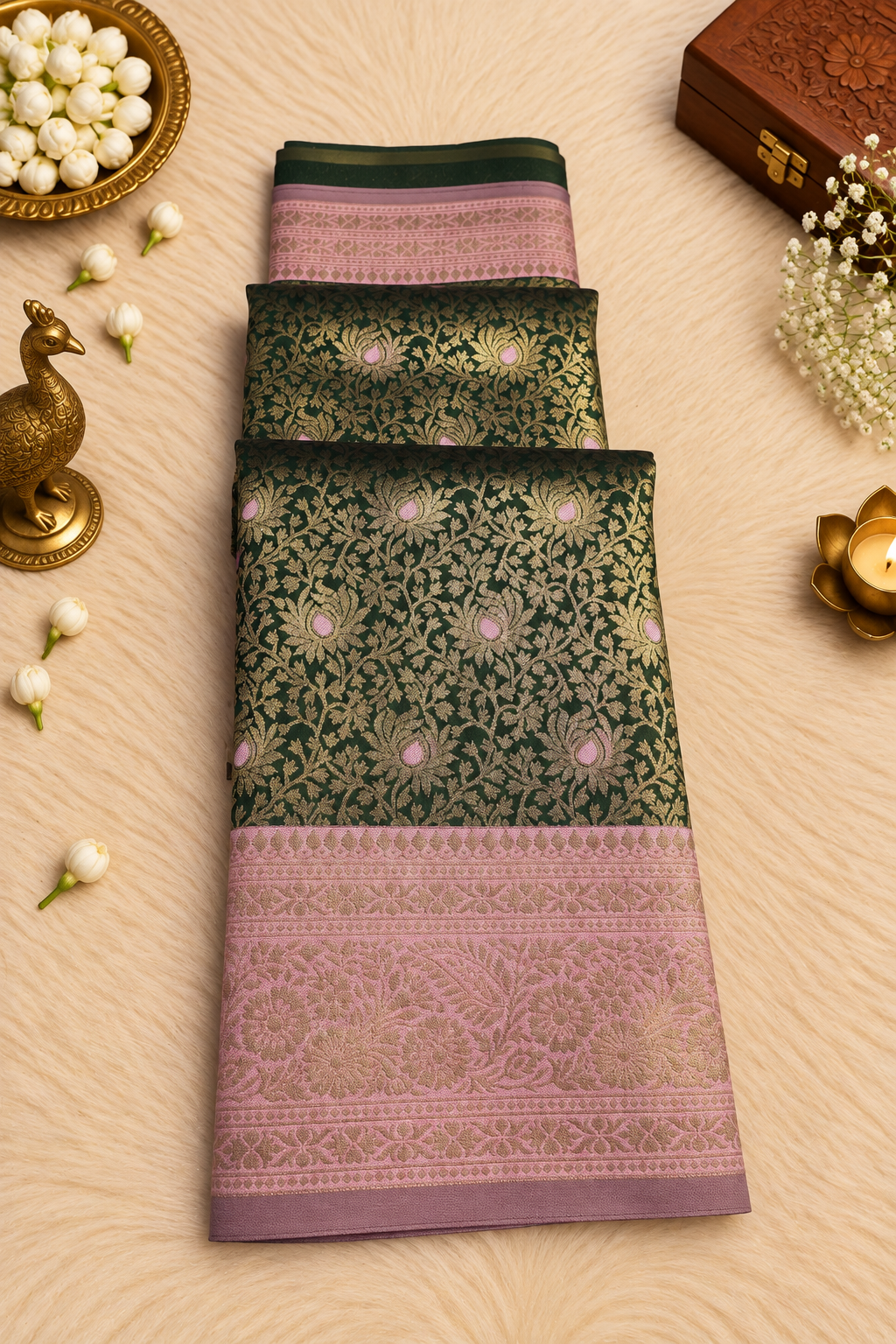 Bottle Green Silk Saree with Antique Gold Zari & Lavender Accents