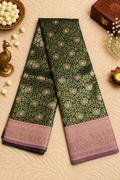 Bottle Green Silk Saree with Antique Gold Zari & Lavender Accents