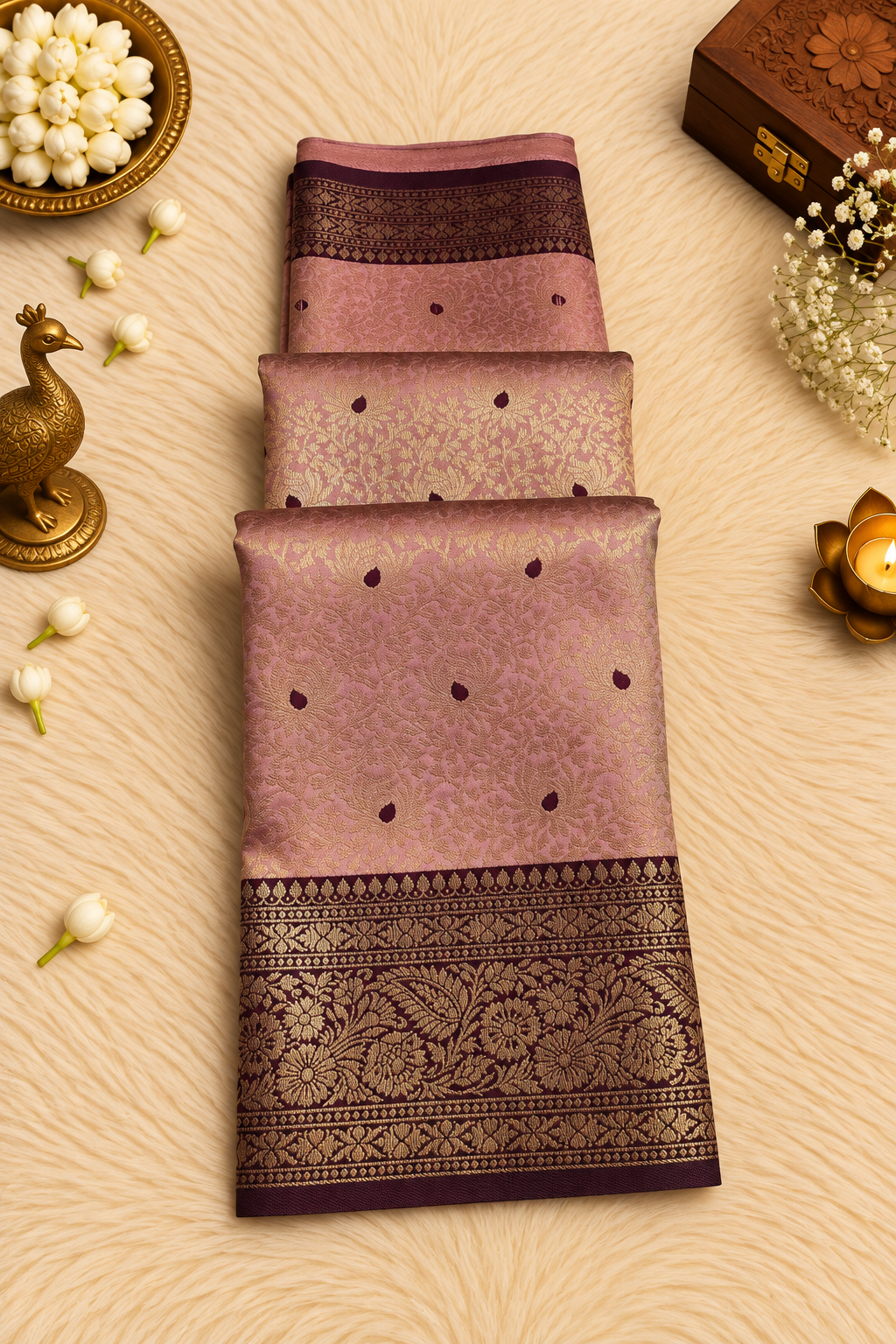 Lavender Silk Saree with Antique Gold Zari & Deep Purple Accents