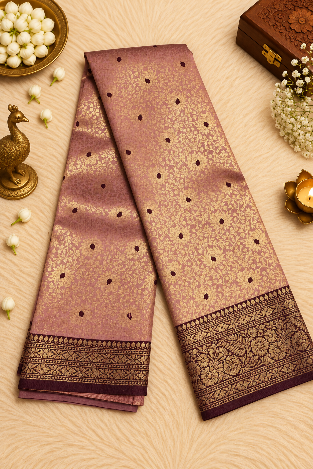 Lavender Silk Saree with Antique Gold Zari & Deep Purple Accents