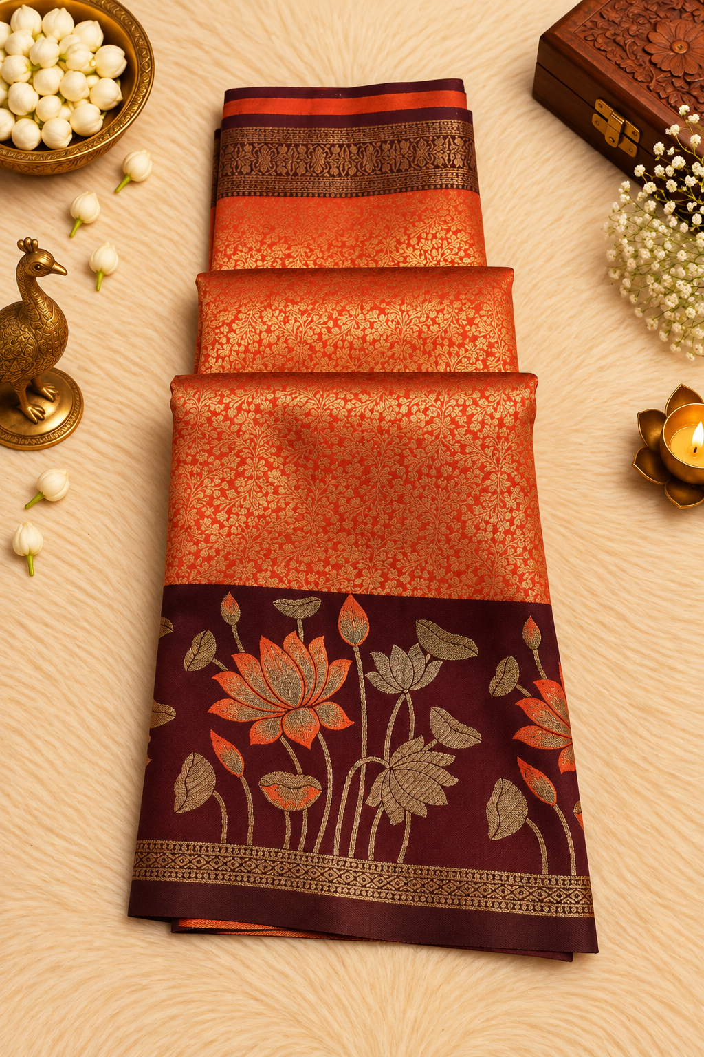 Rust Orange with Maroon Silk Saree – Gold Floral Zari & Lotus Motifs