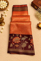 Rust Orange with Maroon Silk Saree – Gold Floral Zari & Lotus Motifs