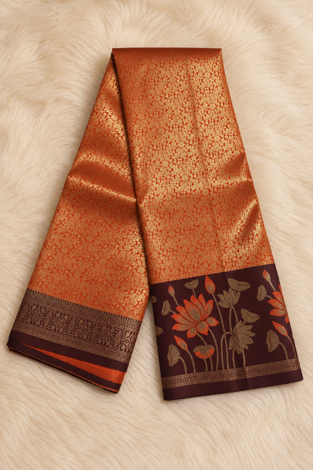 Rust Orange with Maroon Silk Saree – Gold Floral Zari & Lotus Motifs