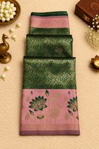 Bottle Green & Pink Silk Saree with Gold Floral Zari & Lotus Motifs
