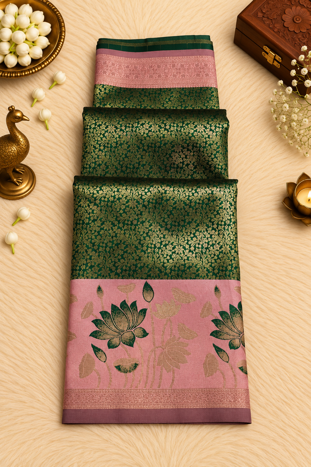 Bottle Green & Pink Silk Saree with Gold Floral Zari & Lotus Motifs