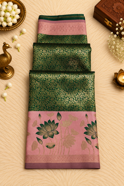 Bottle Green & Pink Silk Saree with Gold Floral Zari & Lotus Motifs