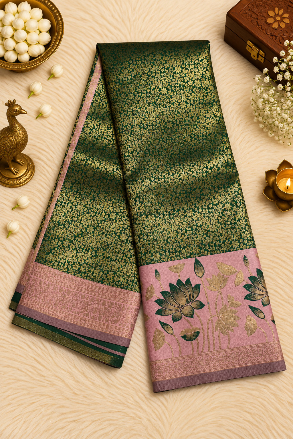 Bottle Green & Pink Silk Saree with Gold Floral Zari & Lotus Motifs