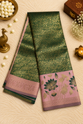 Bottle Green & Pink Silk Saree with Gold Floral Zari & Lotus Motifs