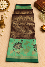 Dark Purple & Turquoise Silk Saree with Gold Floral Zari & Lotus Motifs