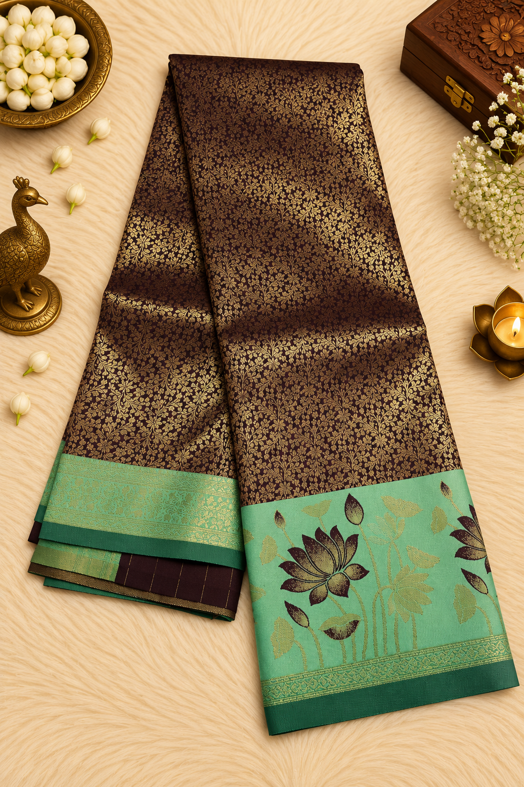 Dark Purple & Turquoise Silk Saree with Gold Floral Zari & Lotus Motifs