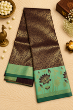 Dark Purple & Turquoise Silk Saree with Gold Floral Zari & Lotus Motifs