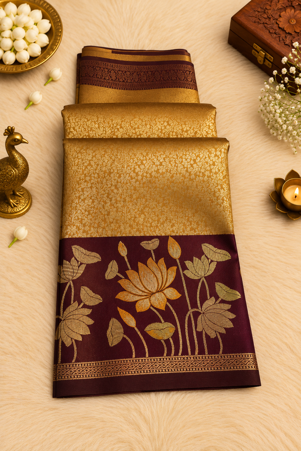 Gold & Purple Silk Saree with Lotus Motifs & Zari Weave