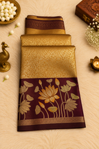 Gold & Purple Silk Saree with Lotus Motifs & Zari Weave