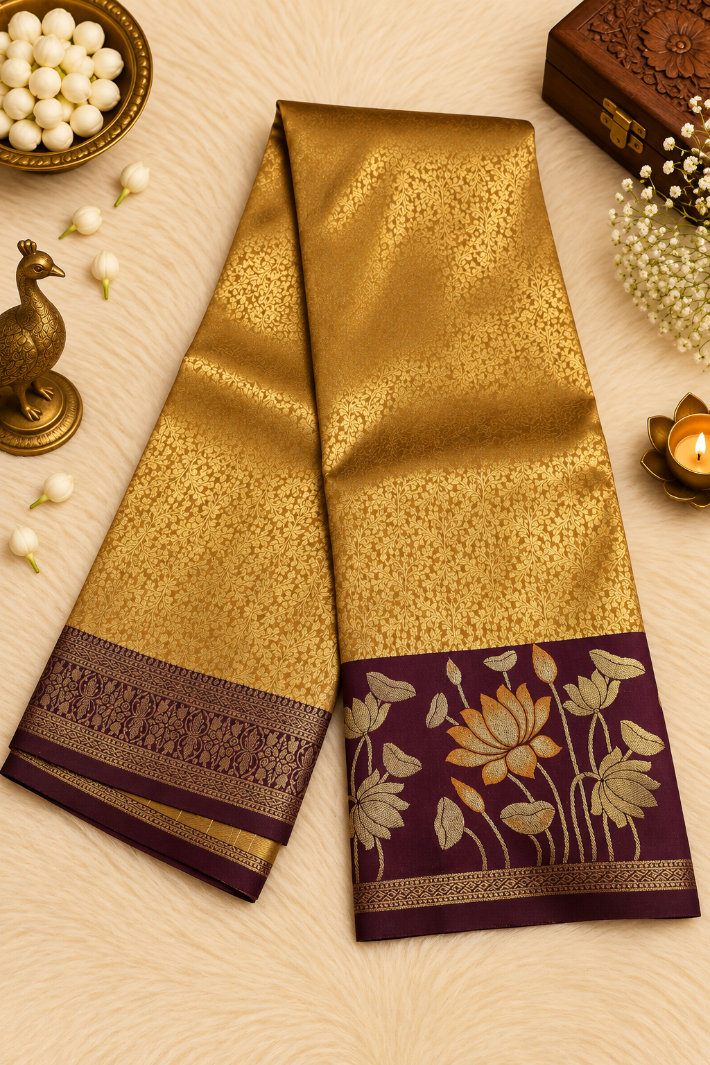 Gold & Purple Silk Saree with Lotus Motifs & Zari Weave